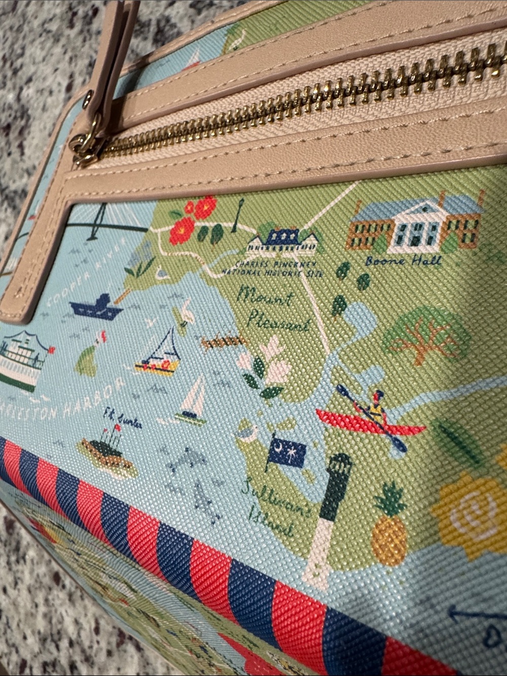 Spartina 449 Charleston Map Zip Pouch in Light Blue, Green & Tan - Picture 6 of 12
